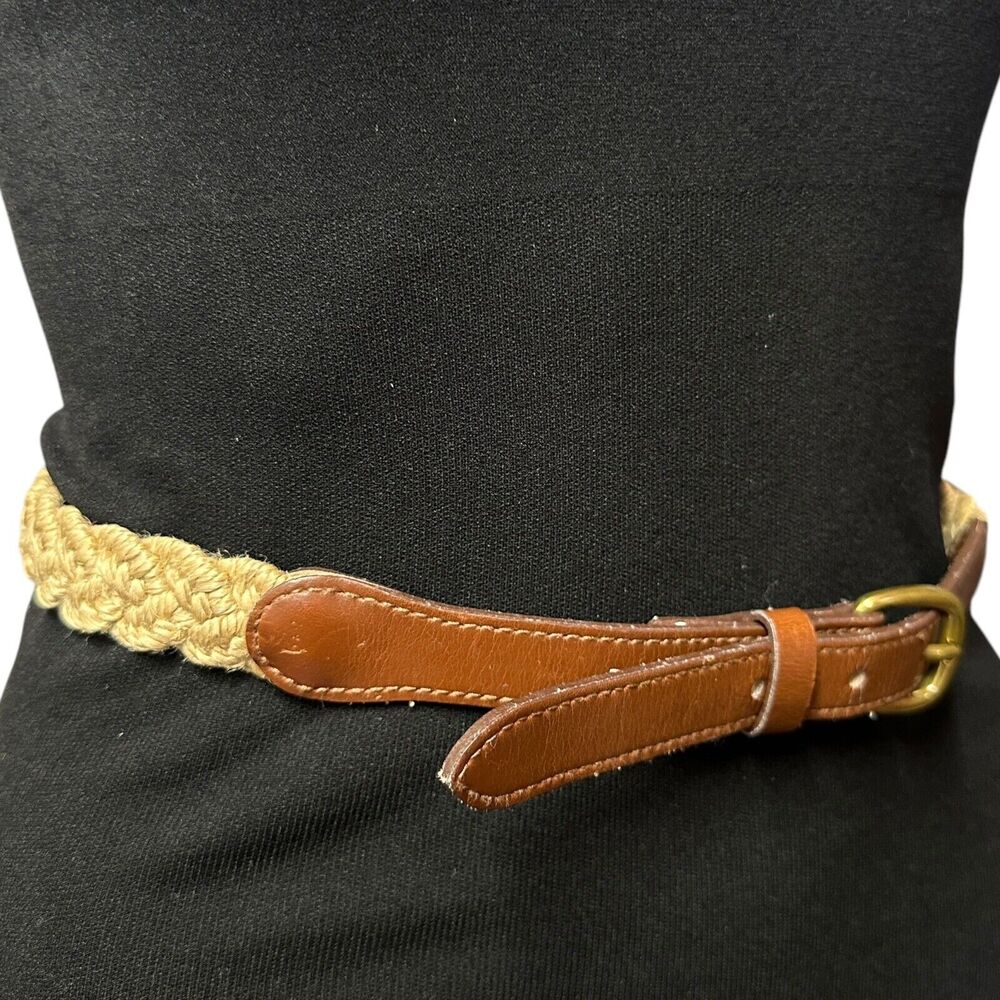 Womens Jute Braided PU Backed Adjustable Belt Brass Buckle Stretchy Size M